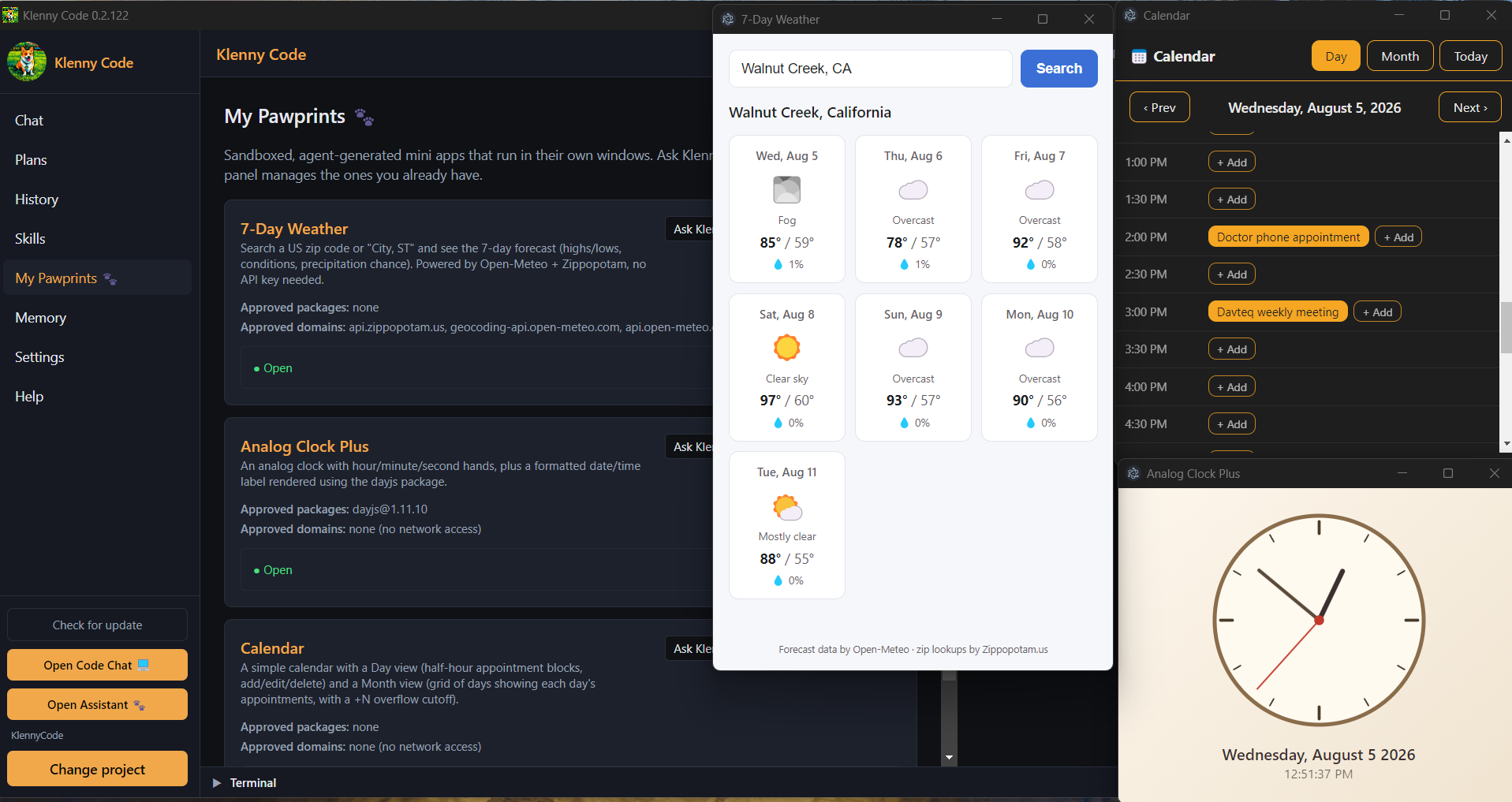 Klenny Code's My Pawprints panel with a 7-Day Weather widget, an Analog Clock Plus widget, and a Calendar widget, each running as its own sandboxed desktop window