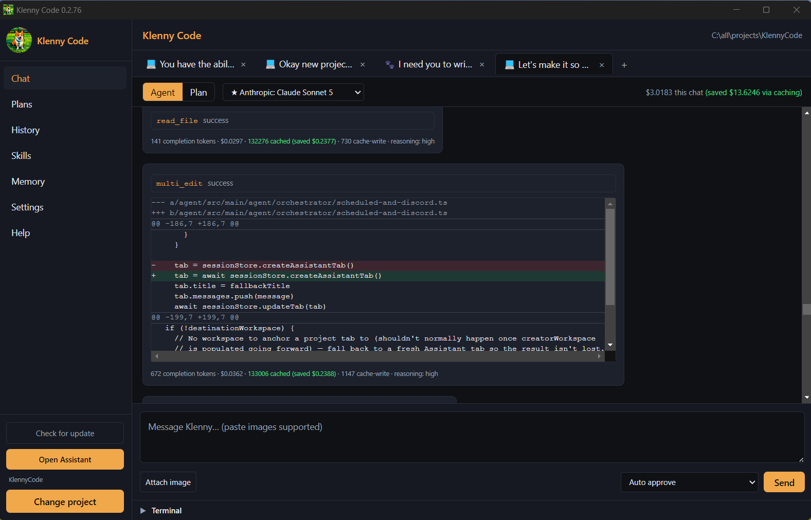 Klenny Code desktop app showing a chat with the AI coding agent
