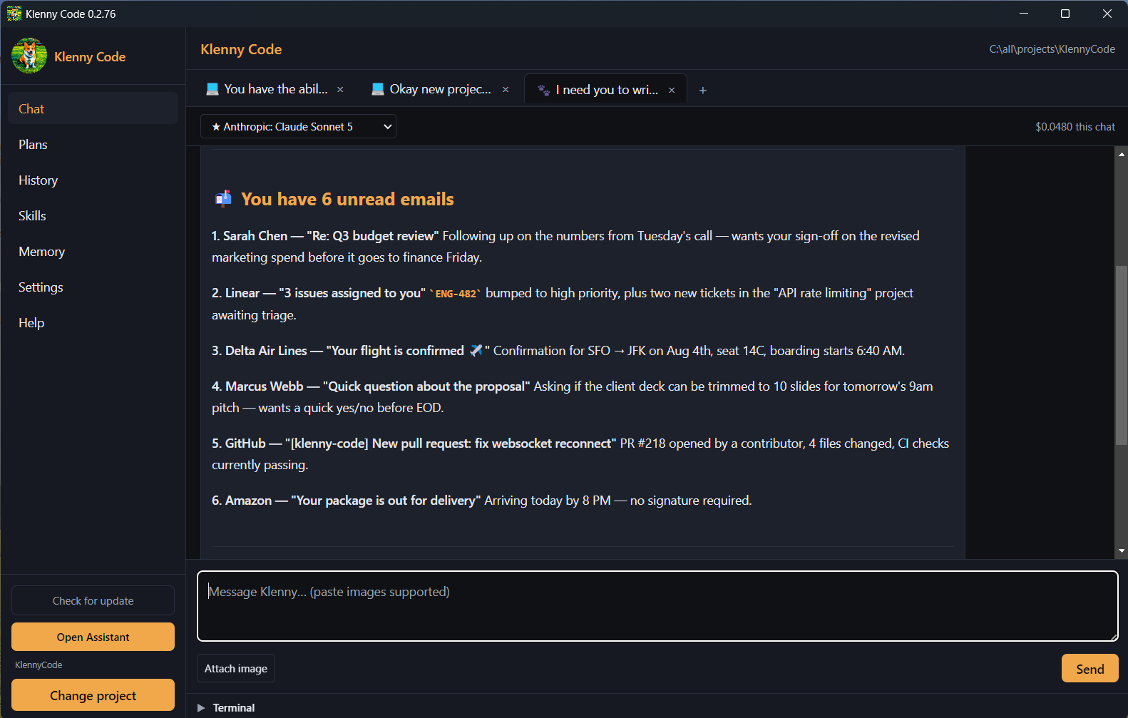 Klenny Code desktop app — another view of the interface