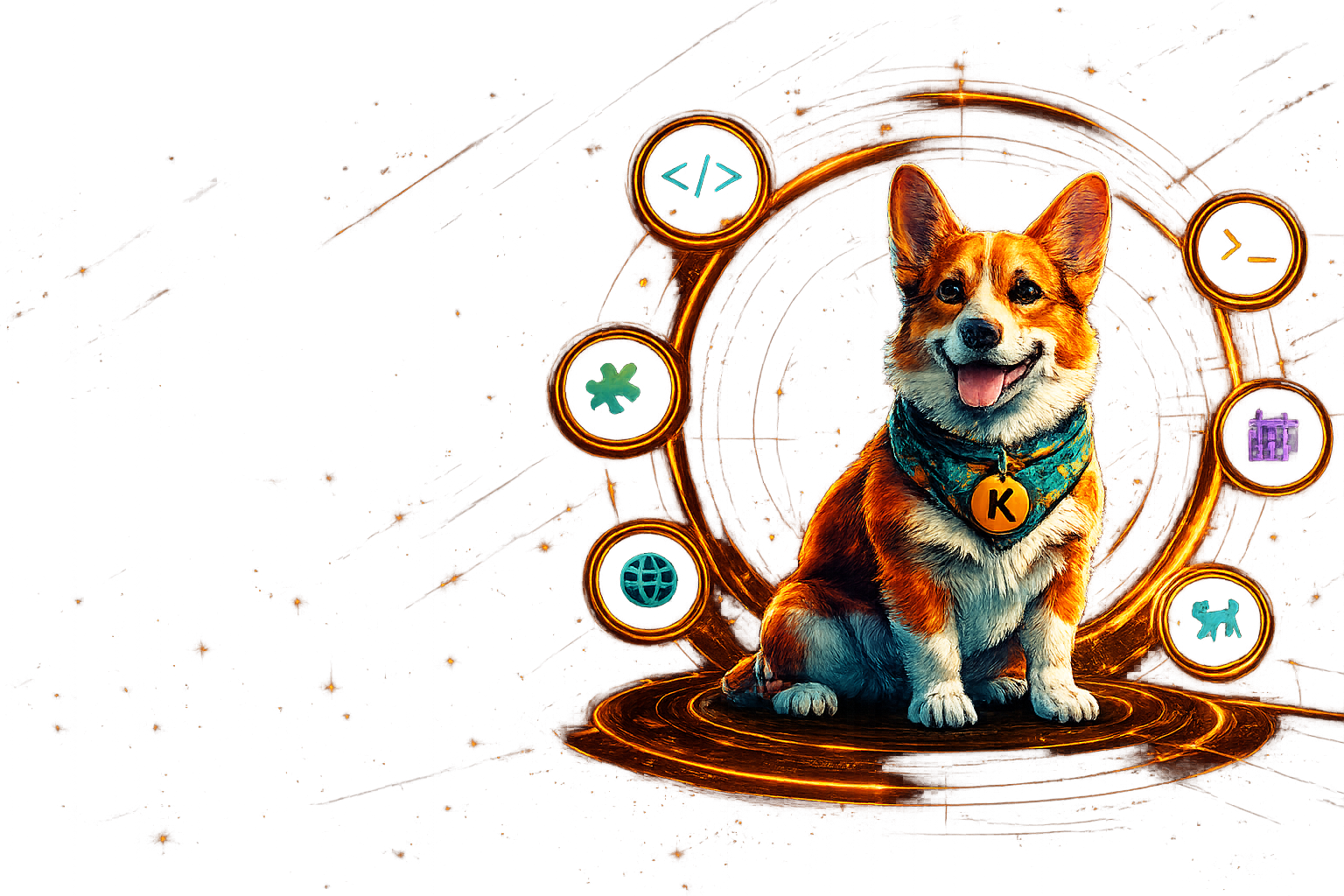 Klenny, the corgi mascot of Klenny Code, surrounded by icons representing coding, terminal, skills, search, scheduling, and browser automation